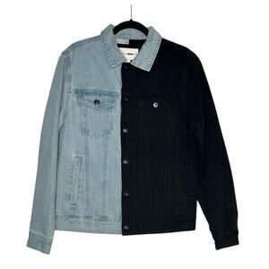 Fashion Nova man black blue color block jean jacket size Small